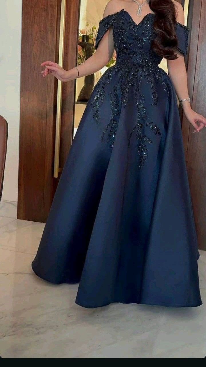 Vintage A line Off The Shoulder Navy Blue Satin Lace Long Evening Dress Prom Dresses C3683