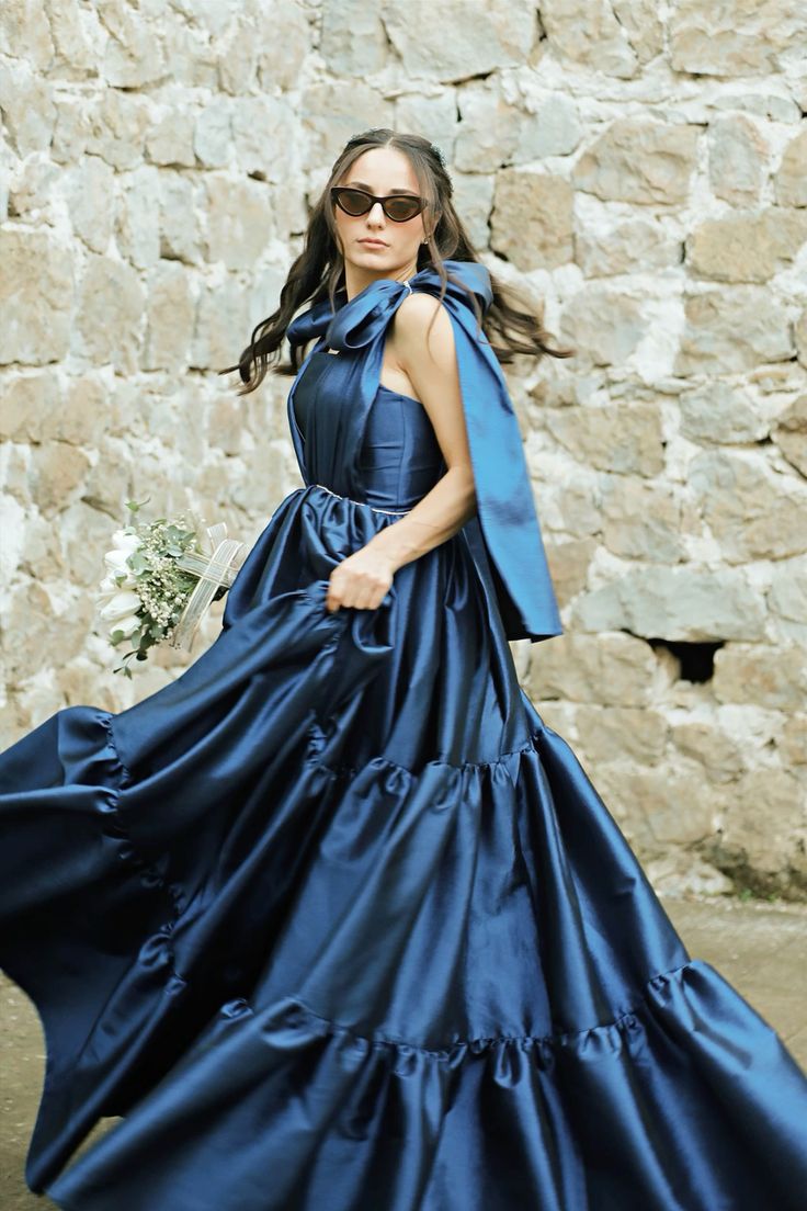 Pretty A Line Straps Navy Blue Long Satin Evening Dress Prom Dresses With Ruffles C3687