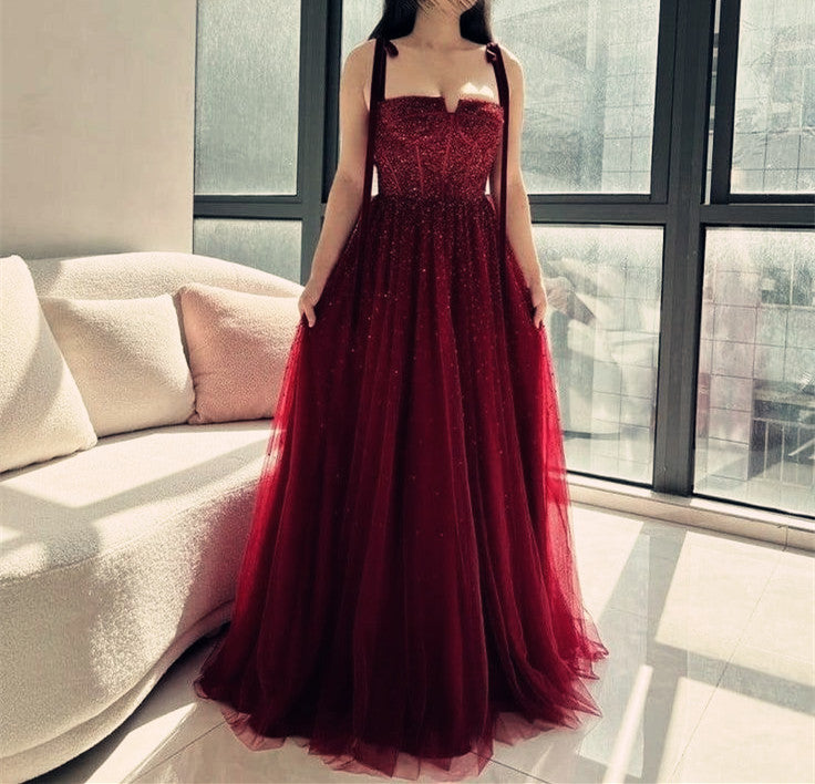 Vintage Ball Gown Straps Red Tulle Beading Long Evening Dress Prom Dresses C3693