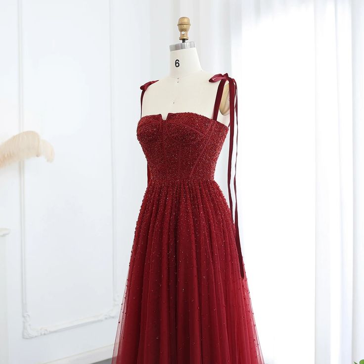 Vintage Ball Gown Straps Red Tulle Beading Long Evening Dress Prom Dresses C3693