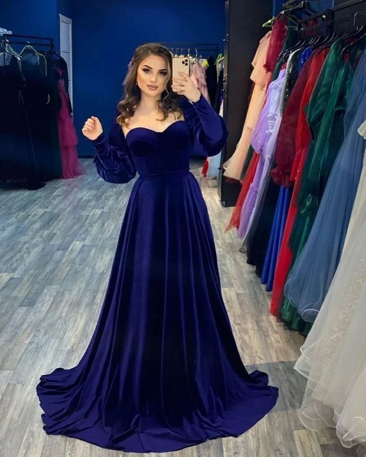 Simple A line Long Sleeves Royal Blue Velvet Prom Dress Long Evening Dress C3703