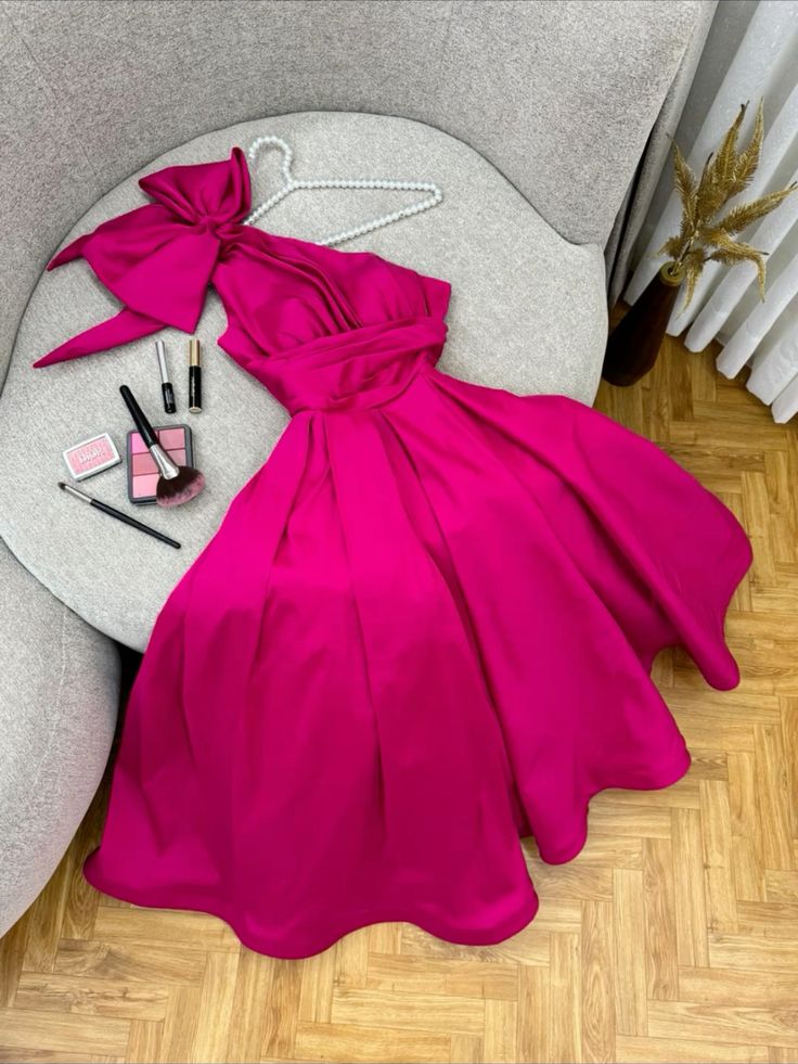 Sexy A line One Shoulder Satin Long Hot Pink Prom Dress Party Evening Dress C3708