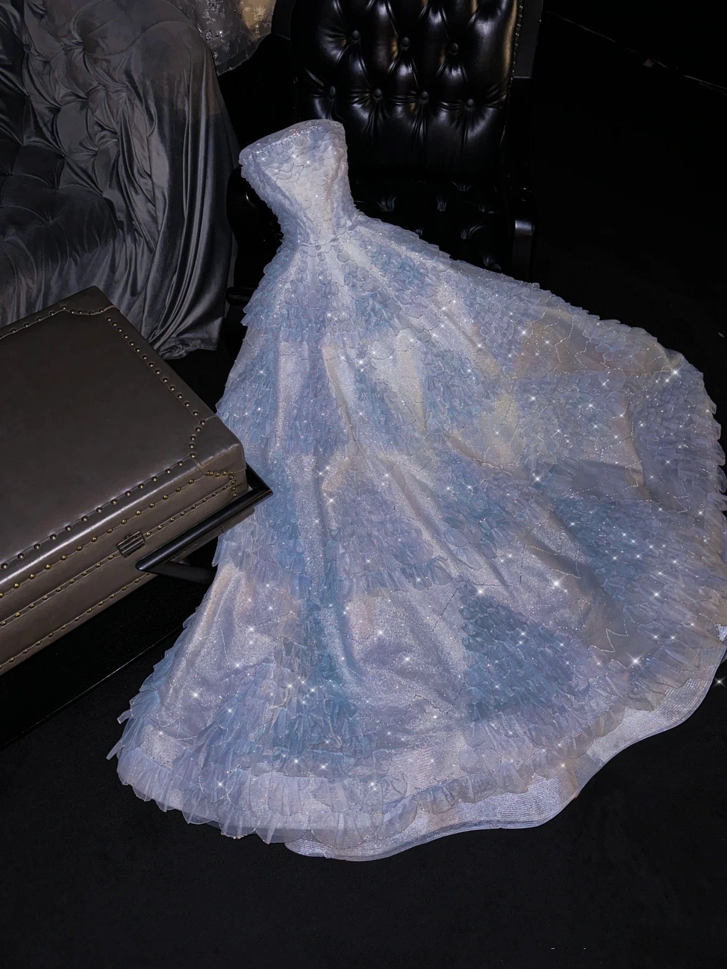 Fairytale A Line Strapless Light Sky Blue Tulle Sleeveless Prom Dress Evening Dresses C3735