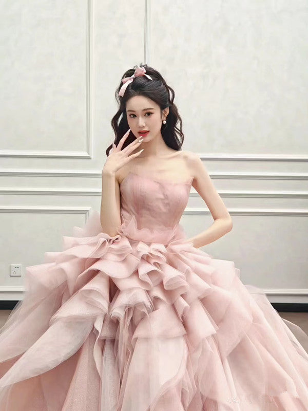 Robe de bal vintage sans bretelles rose longue robe de bal en tulle couches robe de soirée C3738
