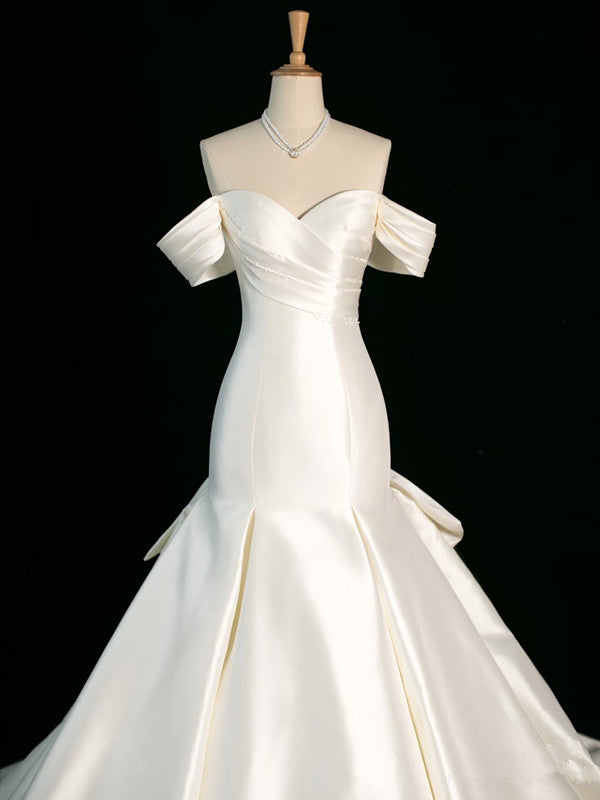 Chic Mermaid Strapless Sleeveless White Satin Wedding Dresses With Ruffles C3743