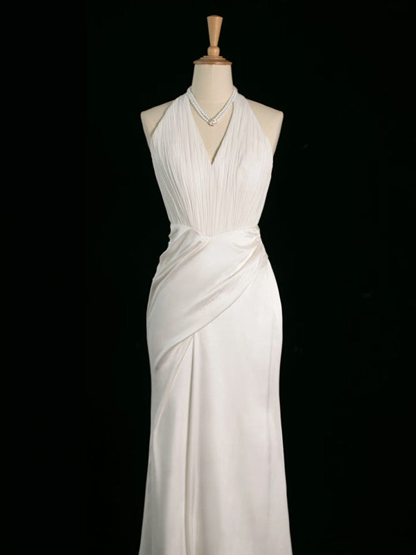 Chic Sheath Halter Sleeveless White Satin Wedding Dresses With Ruffles C3744
