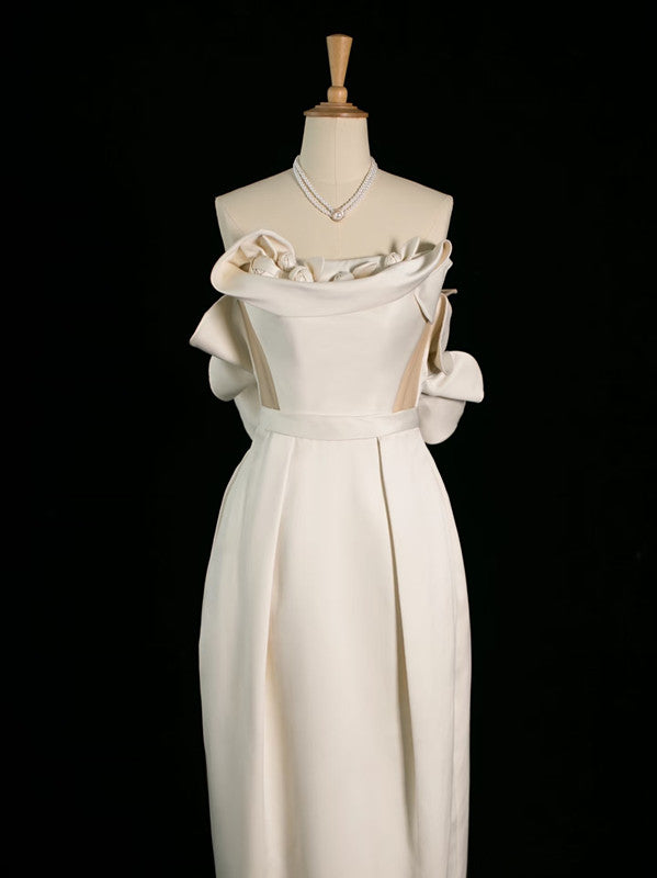 Chic Sheath Strapless Sleeveless Ivory Satin Wedding Dresses With Flowers C3747