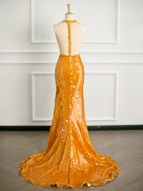 Sexy Mermaid Scoop Neckline Orange Sequin Prom Dresses Party Evening Dress With Beads C3753