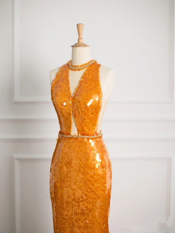 Sexy Mermaid Scoop Neckline Orange Sequin Prom Dresses Party Evening Dress With Beads C3753
