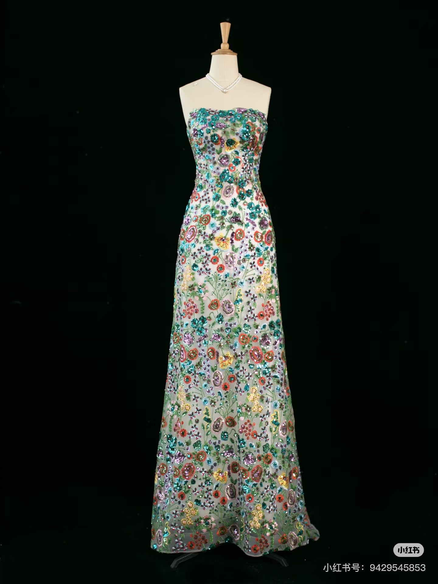 Robe de soirée longue vintage à paillettes et à fleurs, coupe trapèze, sans bretelles, C3756