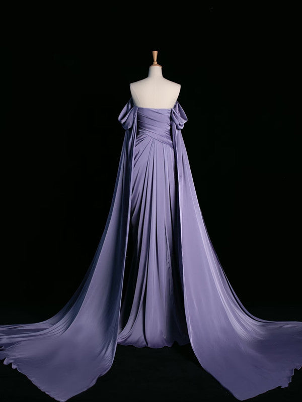 Pretty A Line Off The Shoulder Grape Satin Long Prom Dresses Party Evening Dress C3760