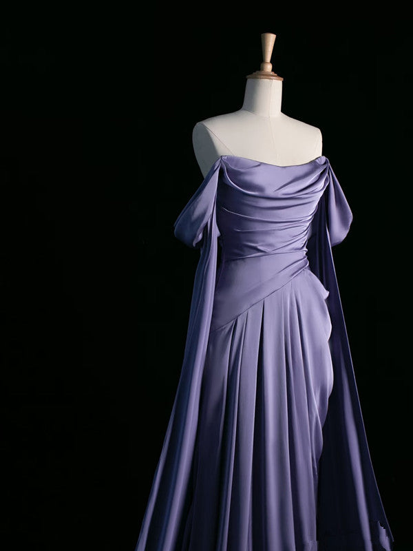 Pretty A Line Off The Shoulder Grape Satin Long Prom Dresses Party Evening Dress C3760