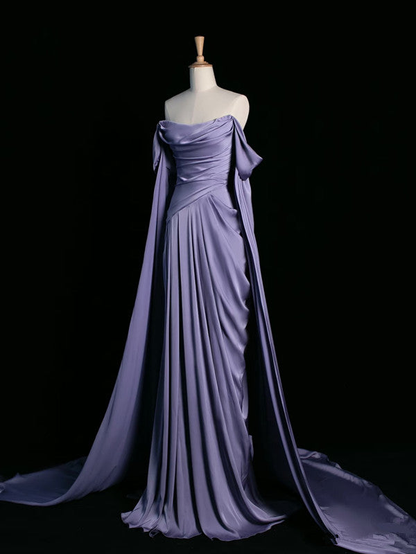 Pretty A Line Off The Shoulder Grape Satin Long Prom Dresses Party Evening Dress C3760