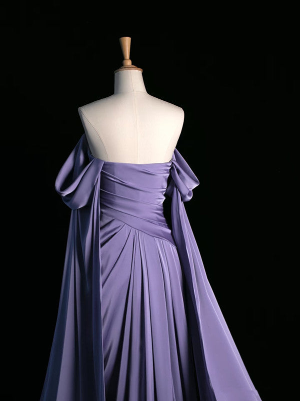 Pretty A Line Off The Shoulder Grape Satin Long Prom Dresses Party Evening Dress C3760
