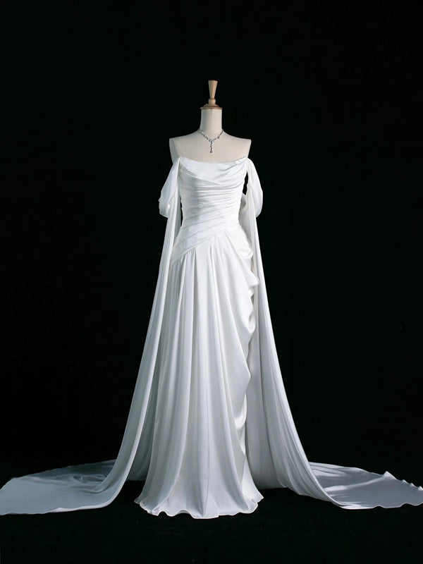 Pretty A Line Off The Shoulder White Satin Long Prom Dresses Party Evening Dress C3761
