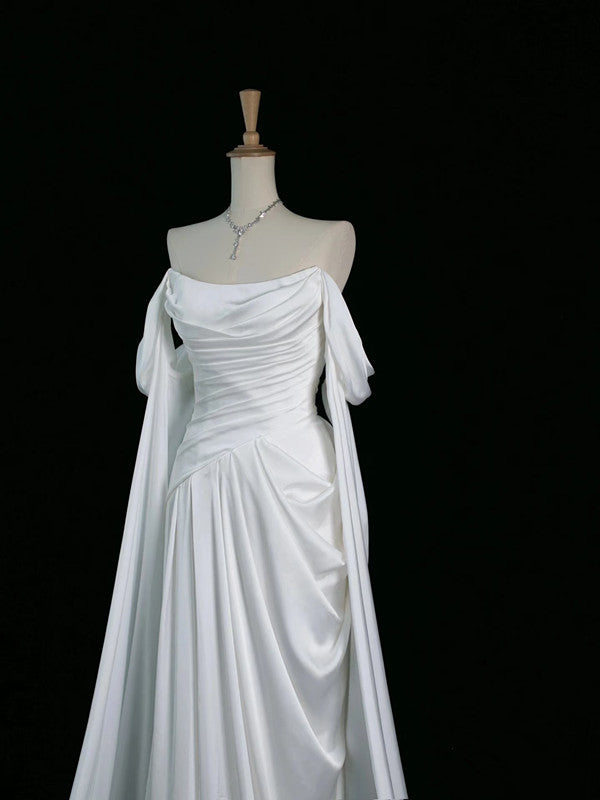 Pretty A Line Off The Shoulder White Satin Long Prom Dresses Party Evening Dress C3761
