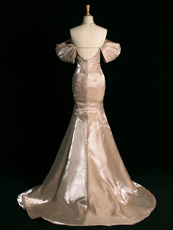 Pretty Mermaid Off The Shoulder Satin Long Champagne Prom Dresses Party Evening Dress C3762