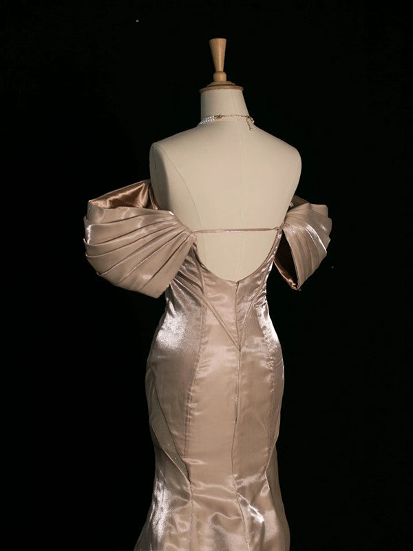 Pretty Mermaid Off The Shoulder Satin Long Champagne Prom Dresses Party Evening Dress C3762