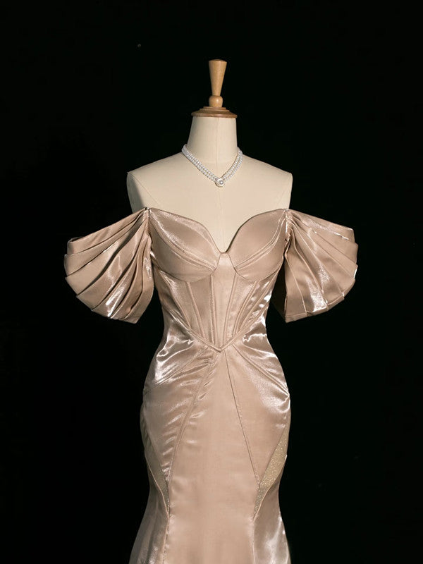 Pretty Mermaid Off The Shoulder Satin Long Champagne Prom Dresses Party Evening Dress C3762