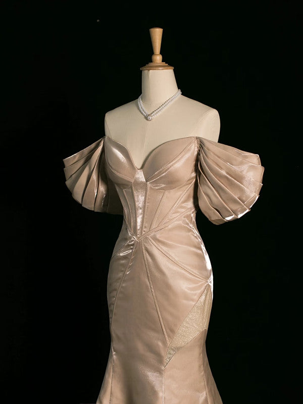 Pretty Mermaid Off The Shoulder Satin Long Champagne Prom Dresses Party Evening Dress C3762