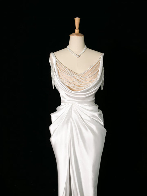 Vintage Mermaid Jewel Neckline White Satin Slit Wedding Dresses With Pearls C3765
