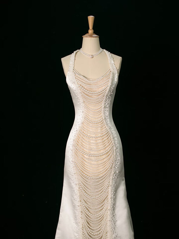 Luxury Mermaid Halter Sleeveless White Satin Wedding Dresses With Pearls C3766