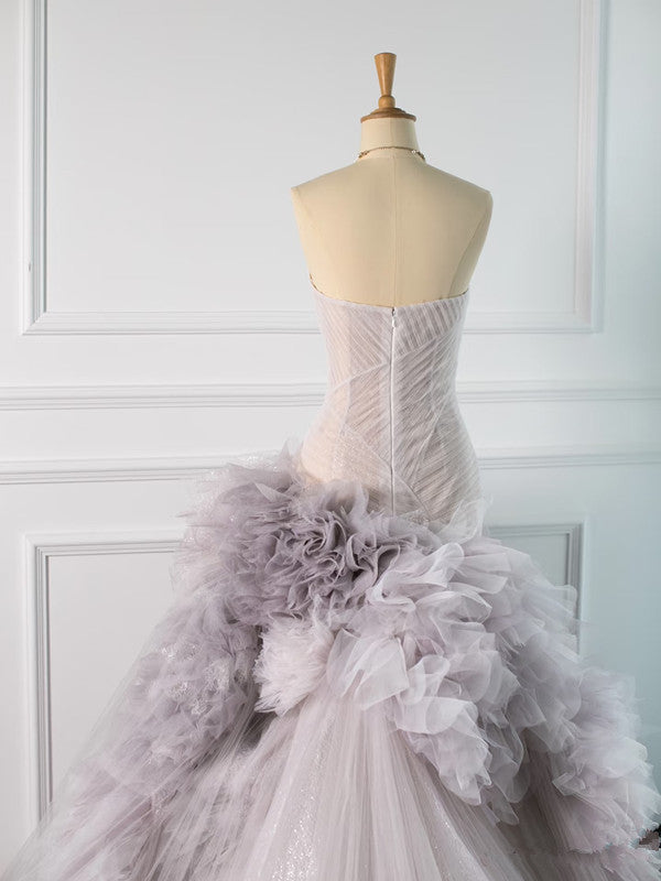 Pretty Mermaid Strapless Lilac Tulle Long Prom Dresses Party Gown Evening Dress C3771