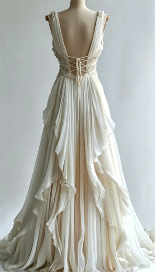 Robe de soirée trapèze perlée ivoire Maxi longue robe de soirée robes de bal robes de mariée avec volants C3778