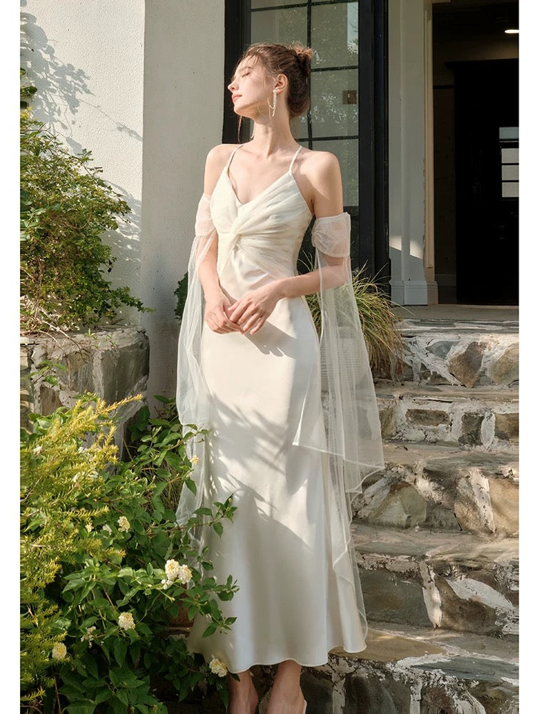 Pretty Mermaid Spaghetti Straps White Long Prom Dresses Party Evening Dress C3784
