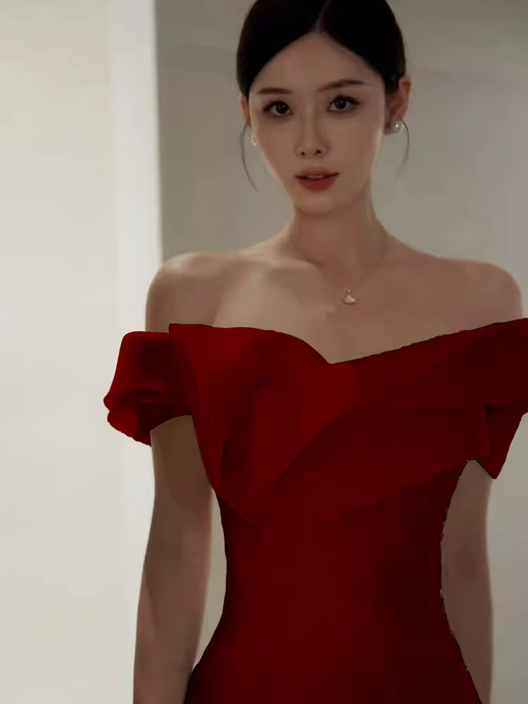 Robe de bal longue en satin bordeaux, sexy, épaules dénudées, sirène, C37