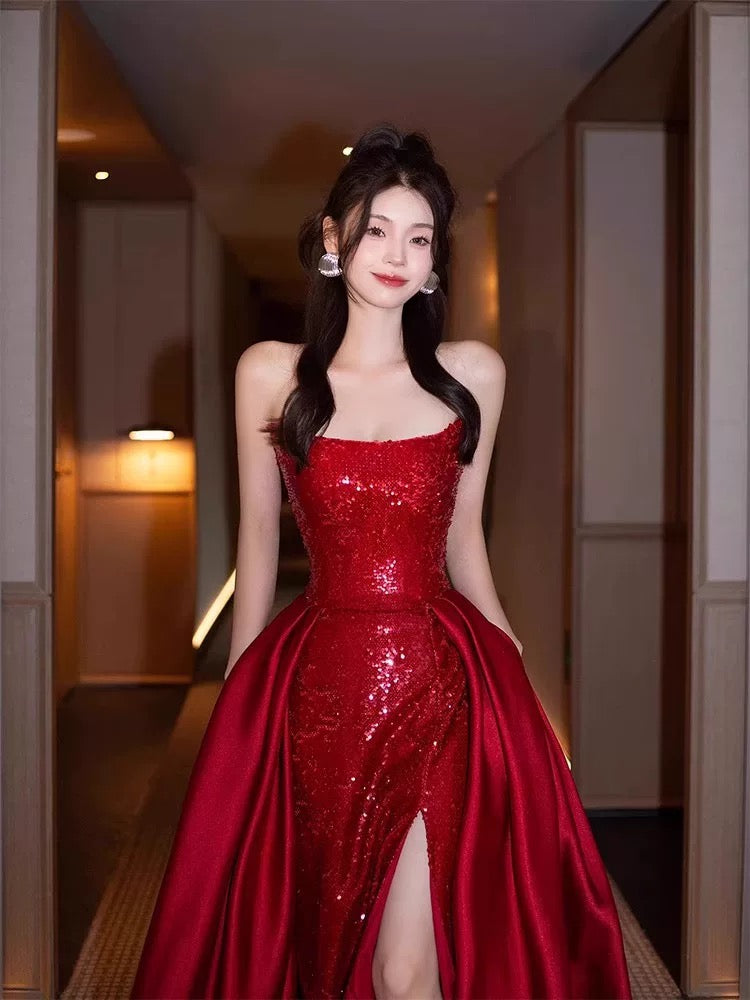 Sexy Mermaid Red Sleeveless Long Sequin Slit Prom Dress Evening Dresses C3801
