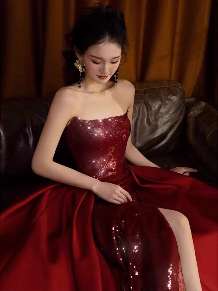 Sexy Mermaid Red Sleeveless Long Sequin Slit Prom Dress Evening Dresses C3801