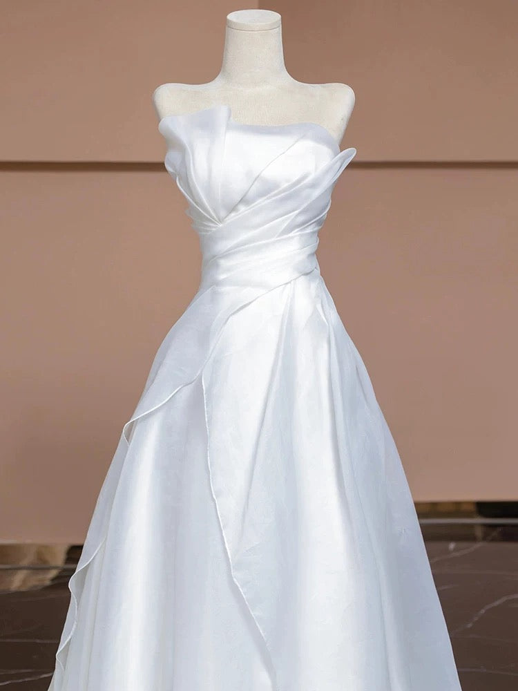 Chic A Line Strapless White Long Wedding Dresses With Ruffles C3804