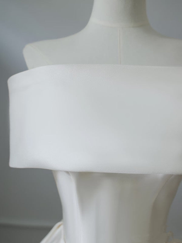 Simple A Line Off The Shoulder White Satin Bridal Dress Wedding dress With Ruffles C3805