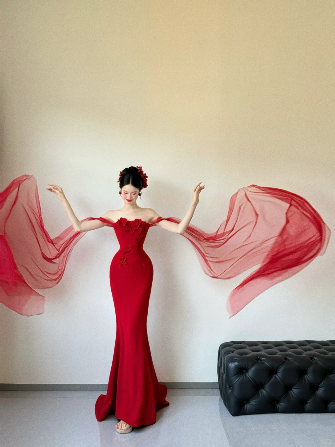 Unique Red Mermaid Off The Shoulder Satin Tulle Applique Long Prom Dresses C3818