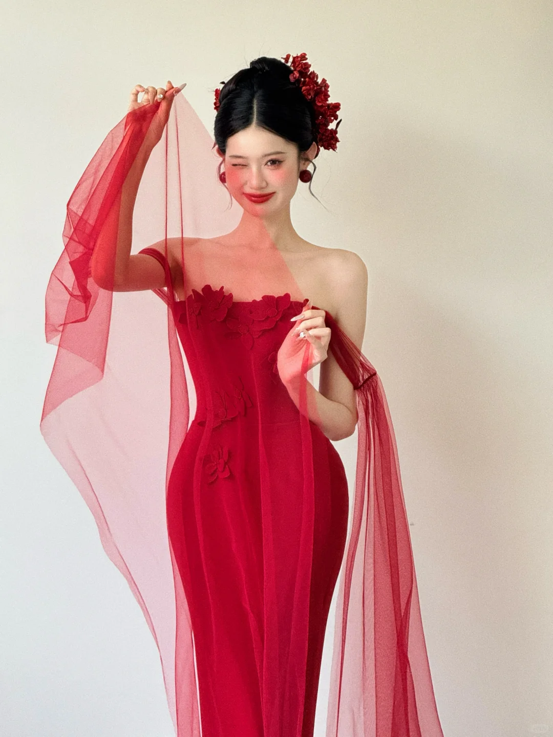 Unique Red Mermaid Off The Shoulder Satin Tulle Applique Long Prom Dresses C3818
