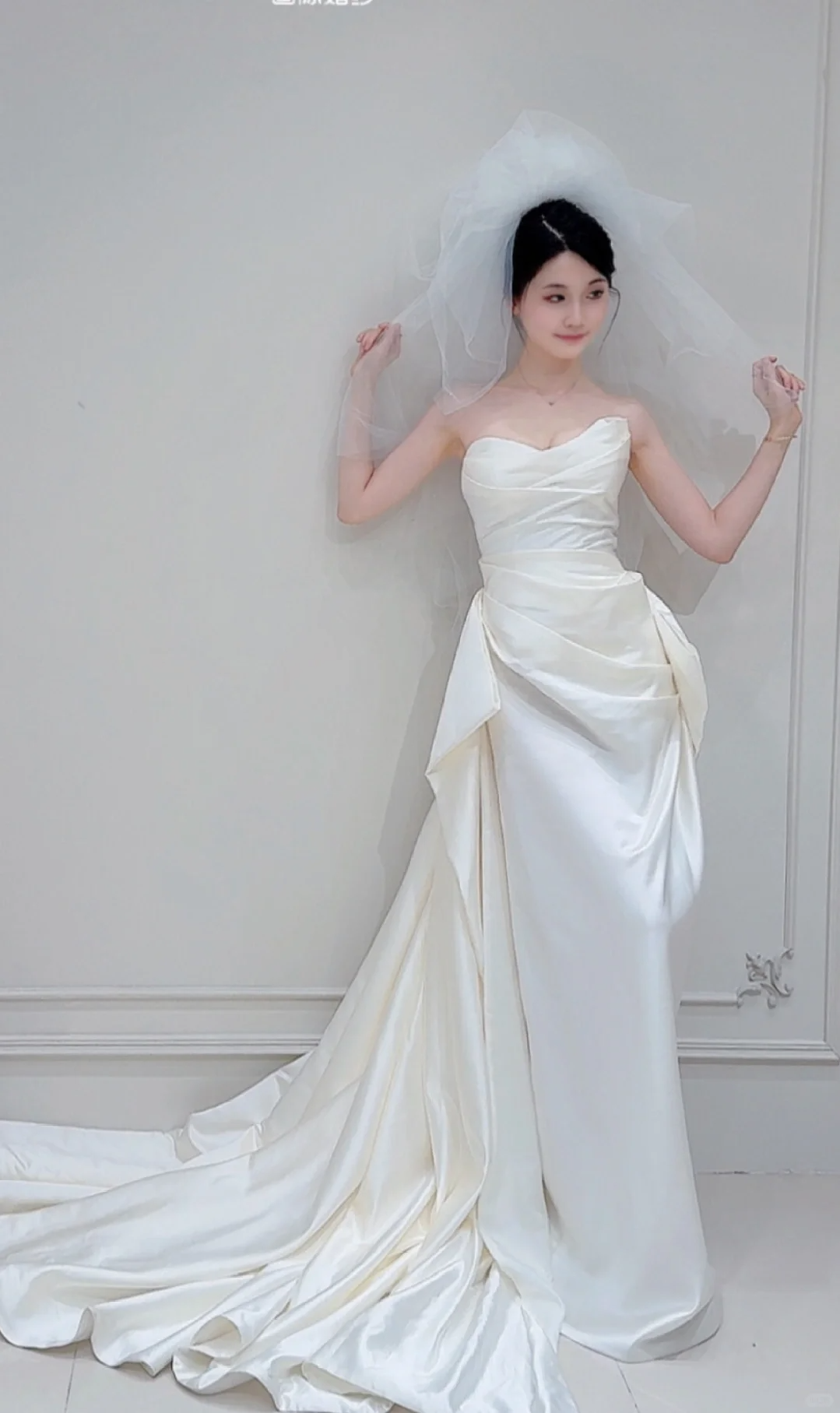 Chic A Line Strapless White Satin Pleated With Veil Long Wedding Dresses C3830
