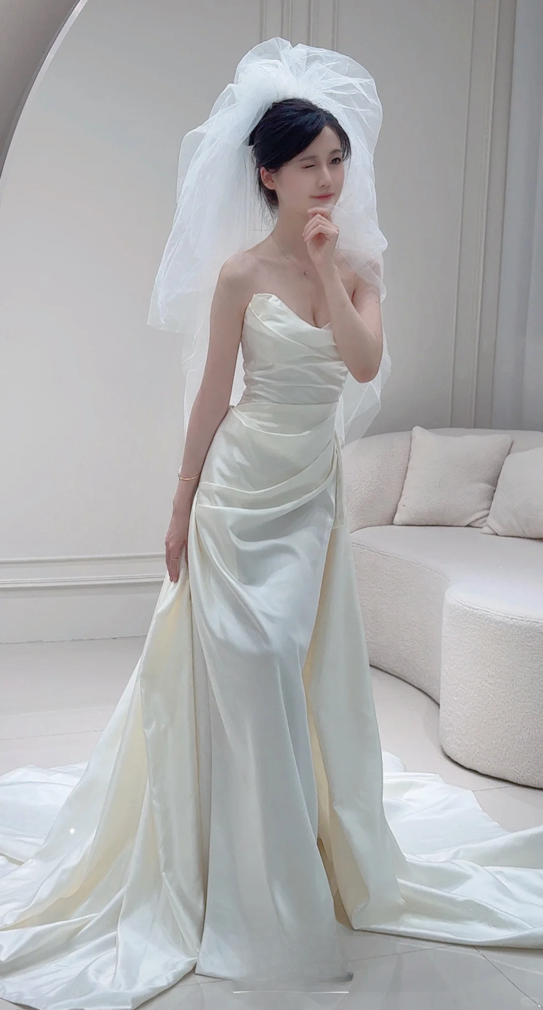 Chic A Line Strapless White Satin Pleated With Veil Long Wedding Dresses C3830
