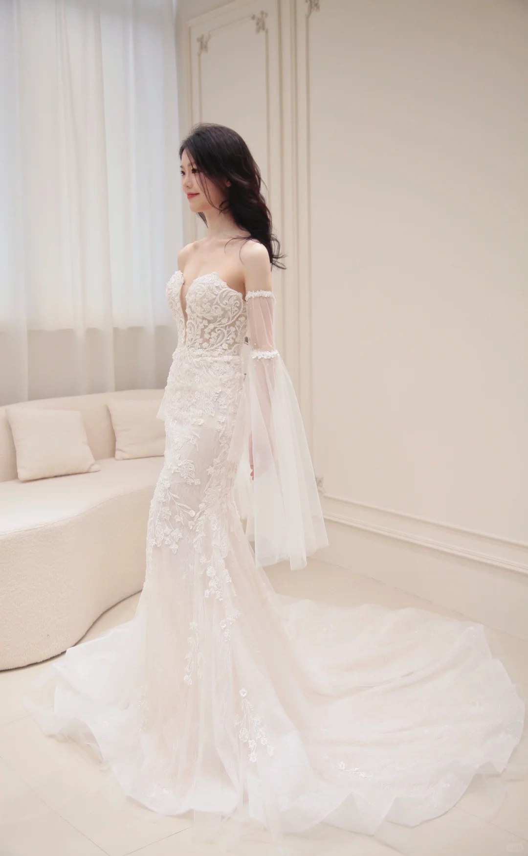 Timeless Mermaid Strapless Tulle Applique Long Sleeves Long Wedding Dresses C3831