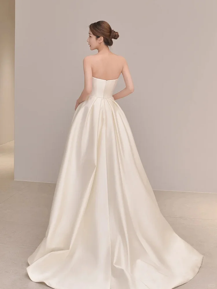 Robe de mariée longue fendue en satin ivoire, simple et élégante, coupe trapèze, sans bretelles, C3837