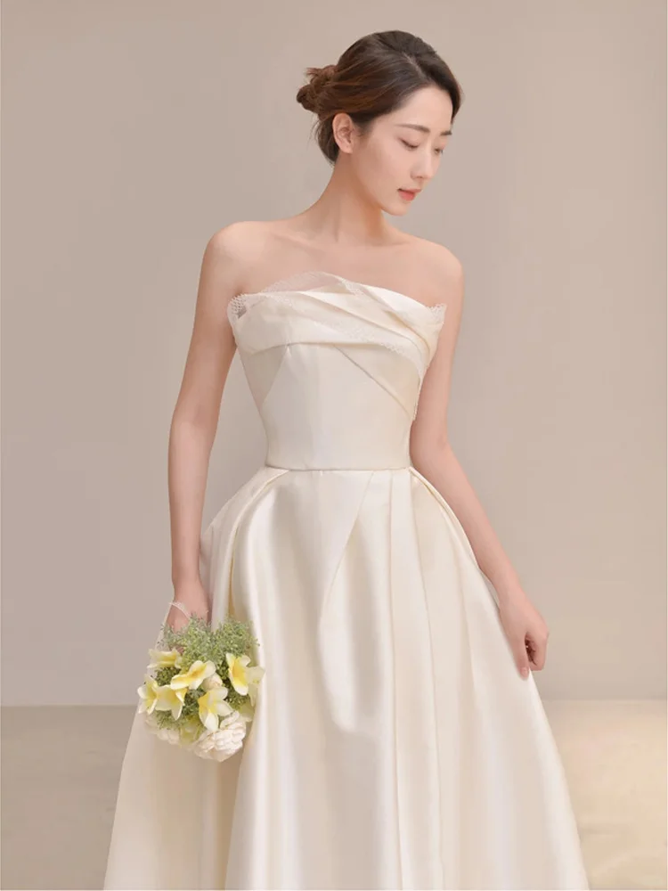 Robe de mariée longue fendue en satin ivoire, simple et élégante, coupe trapèze, sans bretelles, C3837