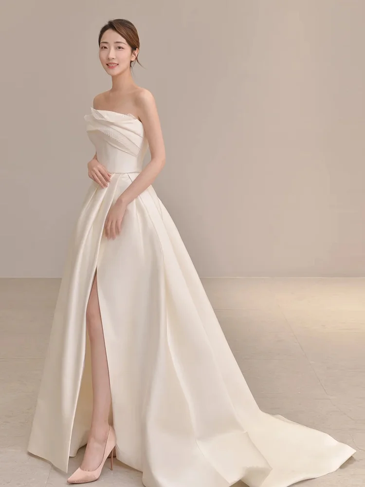 Robe de mariée longue fendue en satin ivoire, simple et élégante, coupe trapèze, sans bretelles, C3837