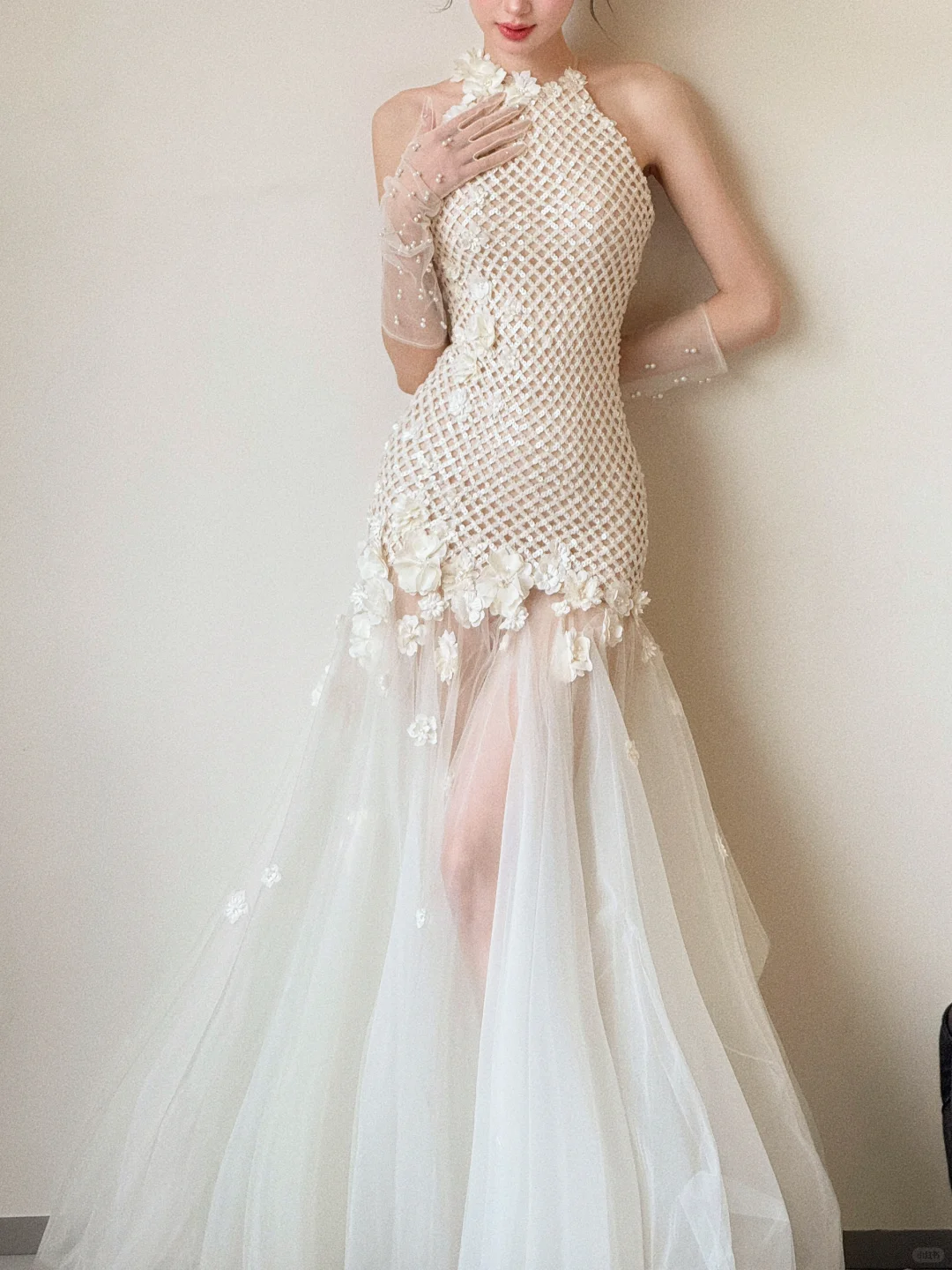 Classy Elegant Mermaid Halter Tulle With Gloves Long Wedding Dresses C3856
