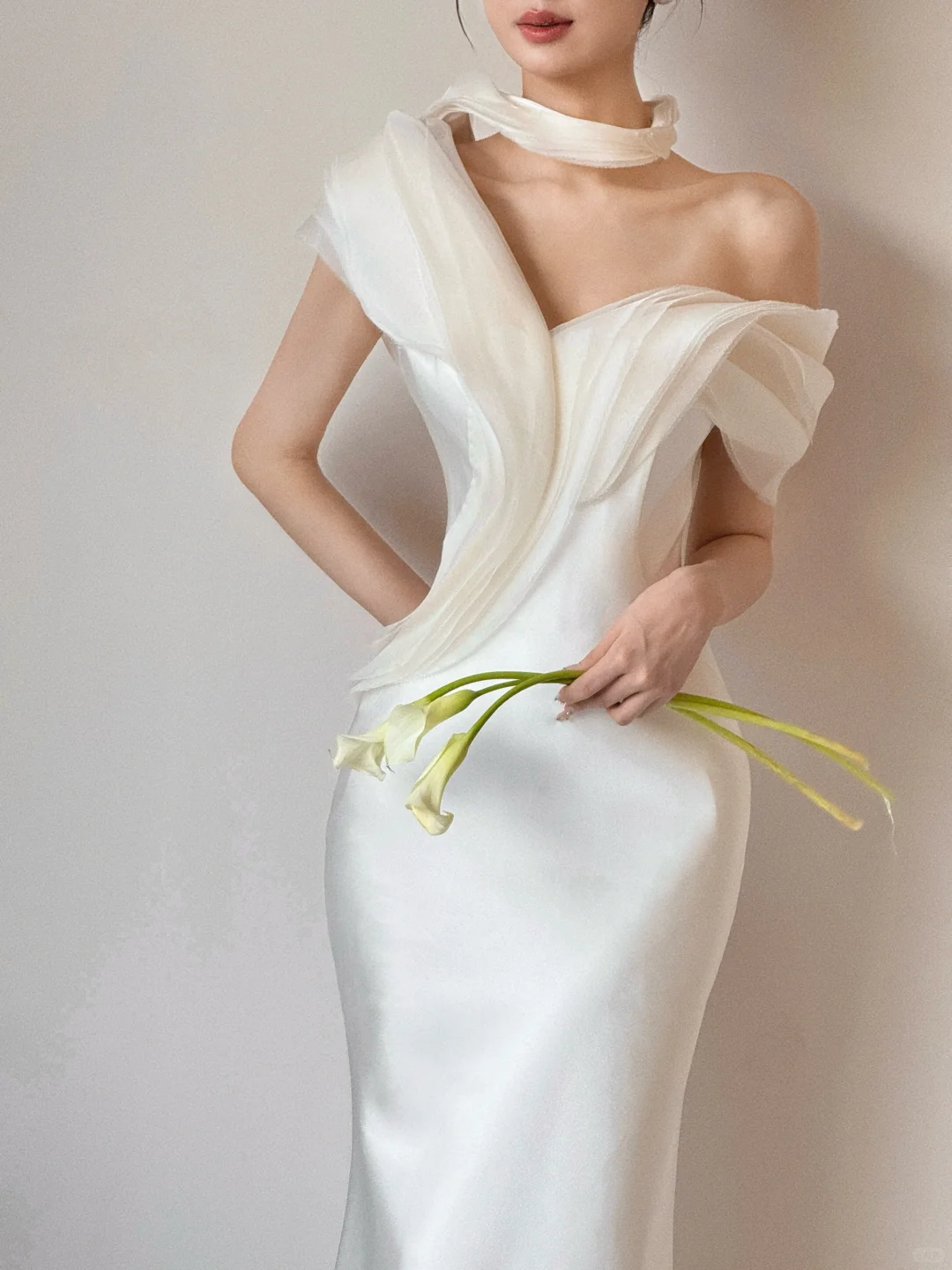 Summer Simple Mermaid Off the Shoulder Satin With Veil Long Wedding Dresses C3861