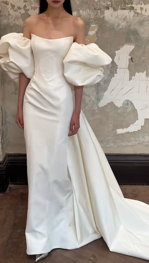 Robe de mariée longue en satin, simple, style sirène, épaules dénudées, C3863