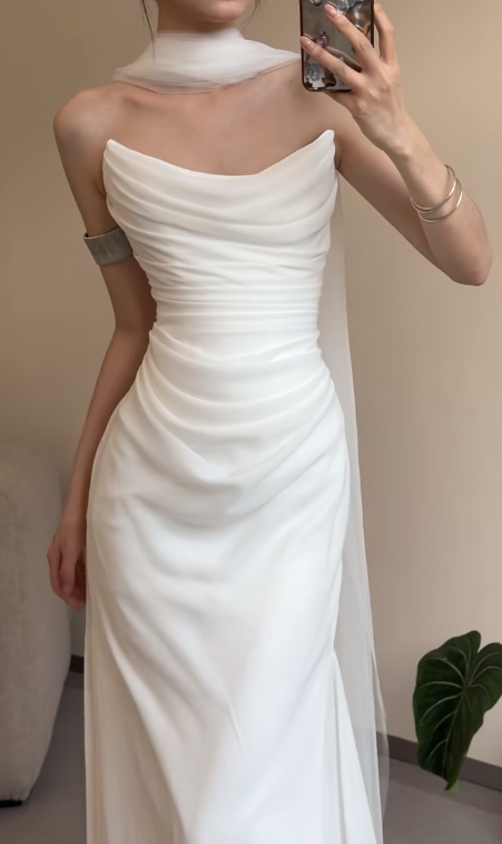 Robe de mariée longue plissée en satin, élégante, sans bretelles, style sirène, C3864
