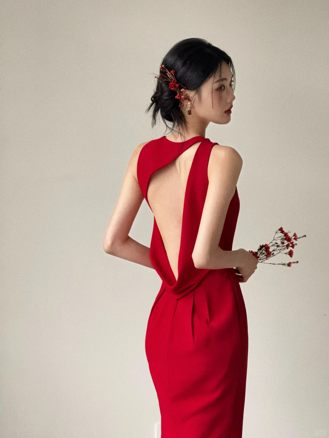 Robe de demoiselle d'honneur longue en satin rouge, style sirène, dos nu, C3865
