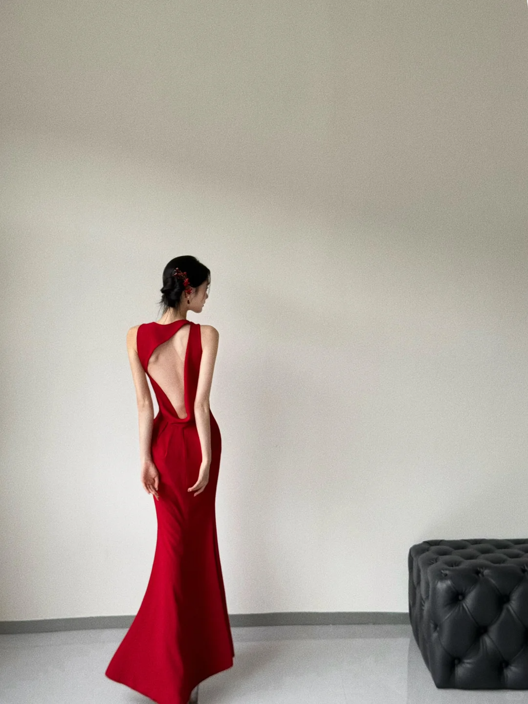 Robe de demoiselle d'honneur longue en satin rouge, style sirène, dos nu, C3865