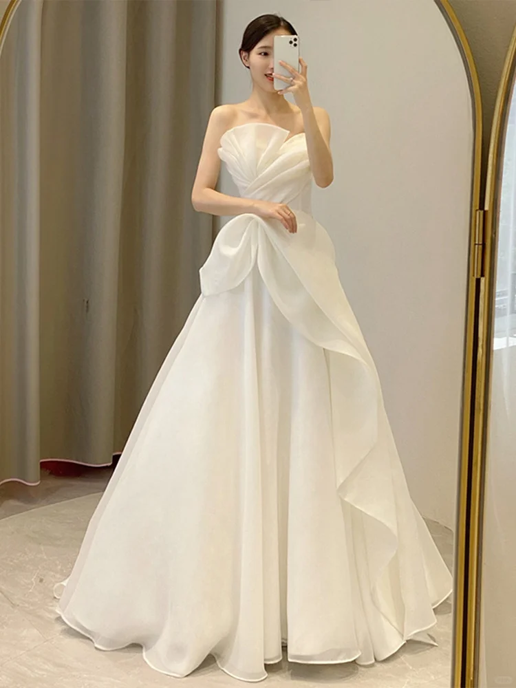 Summer Simple A Line Strapless Satin Long Wedding Dresses C3867
