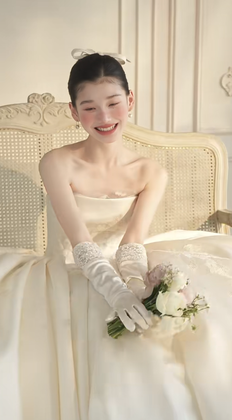 Robe de mariée longue en satin, bustier, dentelle, voile et gants, style bal intemporel, C3871